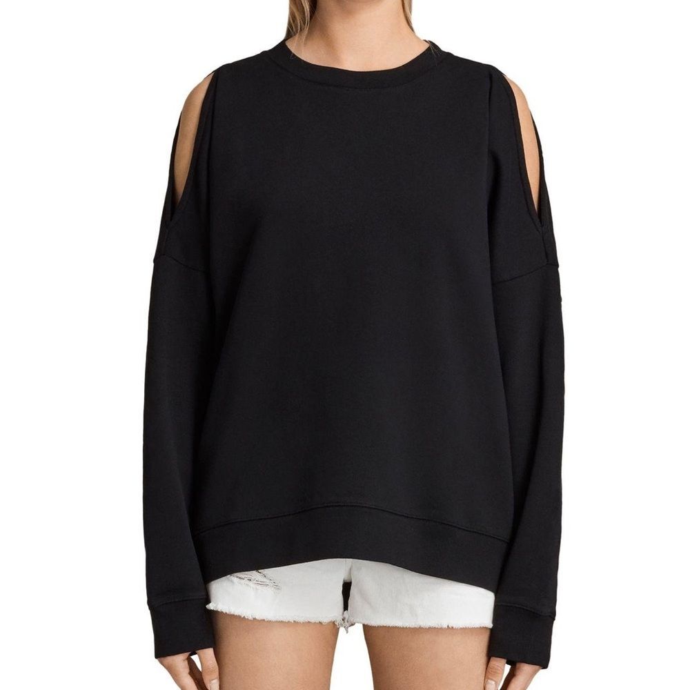 All Saints Womens Black Unai Cold Shoulder Sweatshirt Pullover Crewneck Small